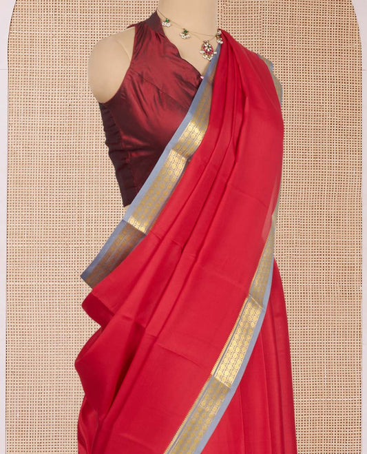 Red Plain Mysore Silk Saree, Complemented by a Contrast Traditional Zari Design Border, Zari Striped Pallu, and Paired with a Contrast Blouse