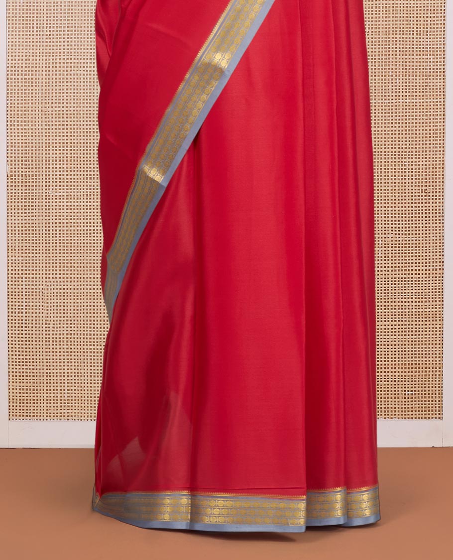 Red Plain Mysore Silk Saree, Complemented by a Contrast Traditional Zari Design Border, Zari Striped Pallu, and Paired with a Contrast Blouse