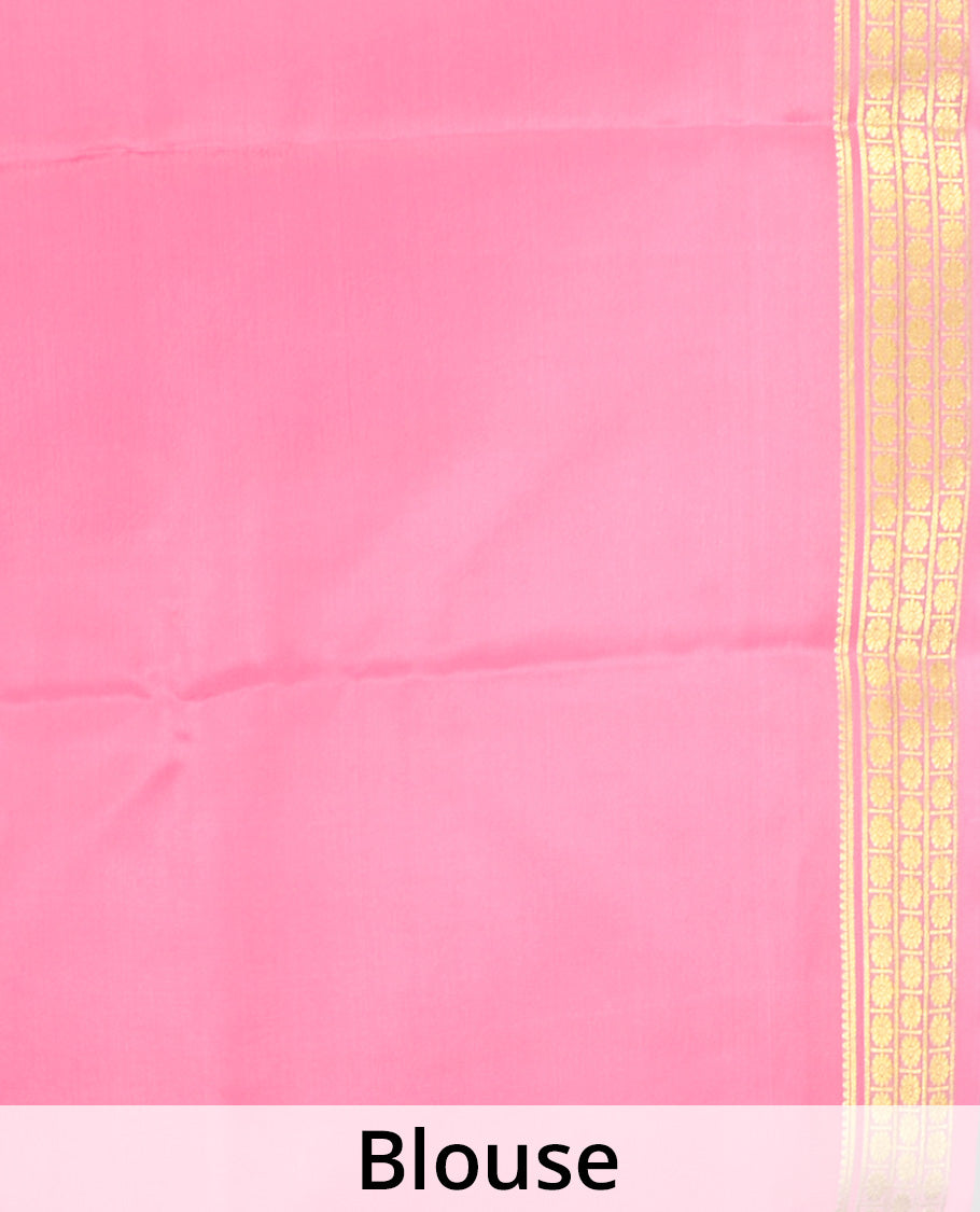Dark Violet Plain Mysore Silk Saree, Complemented by a Contrast Traditional Zari Design Border, Zari Striped Pallu, and Paired with a Contrast Blouse