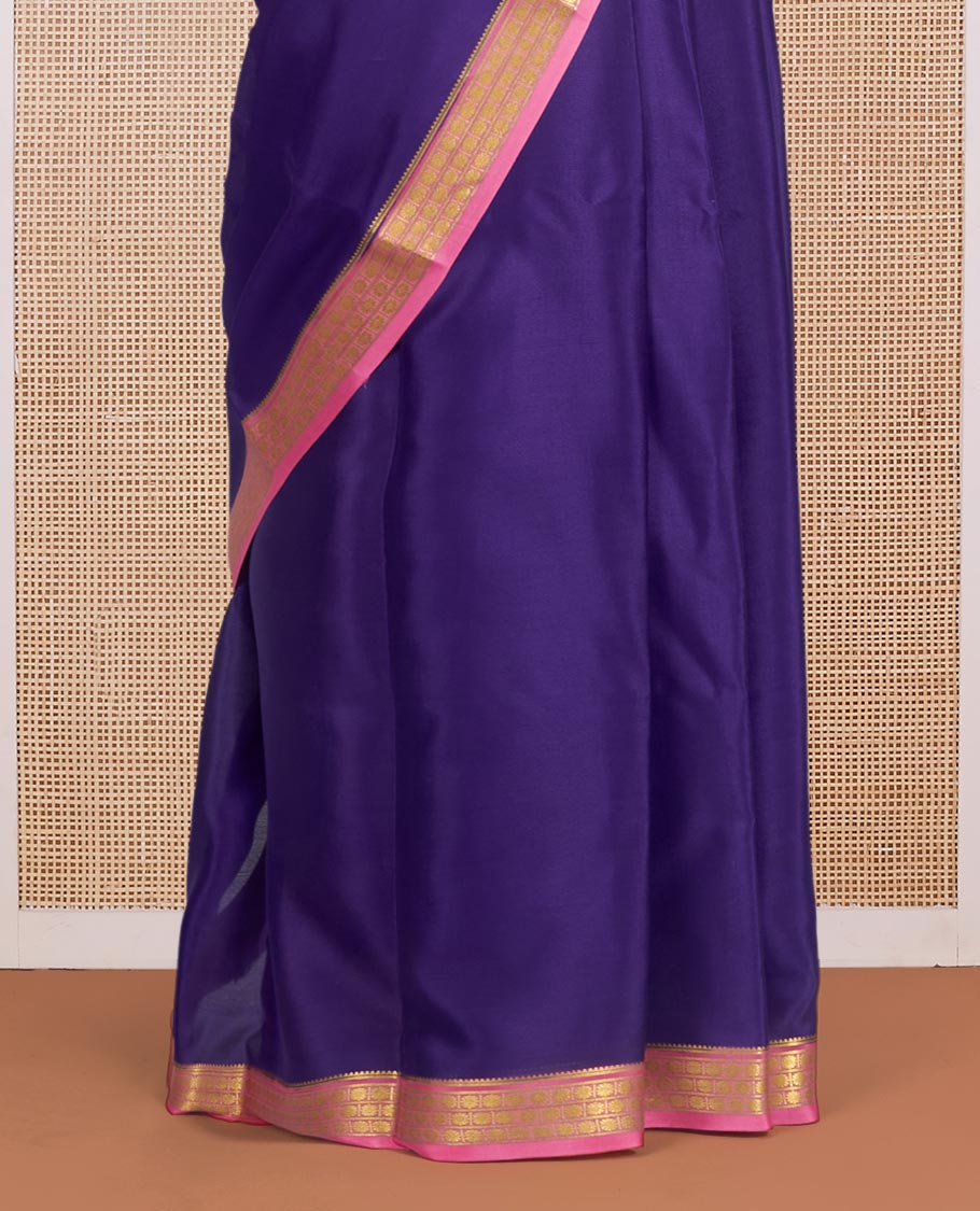 Dark Violet Plain Mysore Silk Saree, Complemented by a Contrast Traditional Zari Design Border, Zari Striped Pallu, and Paired with a Contrast Blouse
