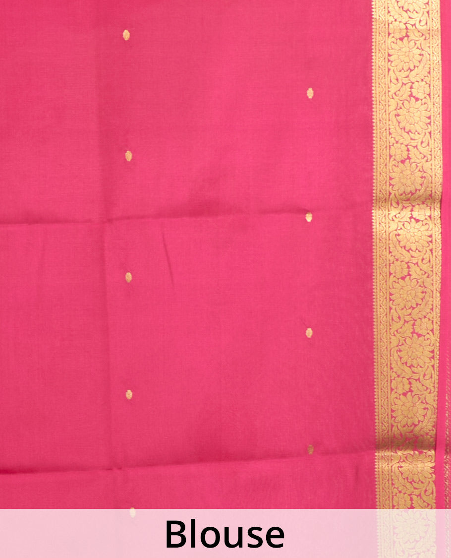 Parrot Green Mysore Silk Saree, Beautified with Zari Buttas All Over Its Body, Complemented by a Contrast Traditional Zari Design Border, Zari-Buttas Woven Pallu, and Paired with a Contrast Blouse