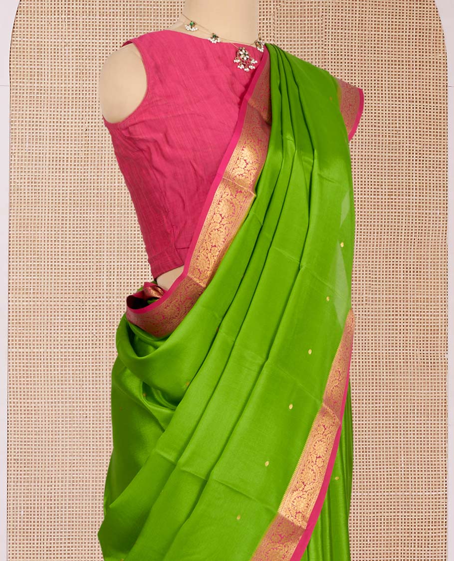 Parrot Green Mysore Silk Saree, Beautified with Zari Buttas All Over Its Body, Complemented by a Contrast Traditional Zari Design Border, Zari-Buttas Woven Pallu, and Paired with a Contrast Blouse