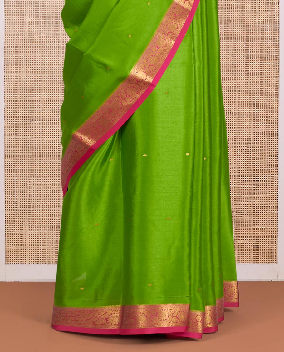 Parrot Green Mysore Silk Saree, Beautified with Zari Buttas All Over Its Body, Complemented by a Contrast Traditional Zari Design Border, Zari-Buttas Woven Pallu, and Paired with a Contrast Blouse