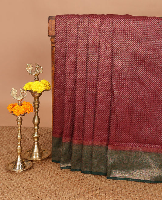 Purple with green zari weaving banaras softy saree with contrast traditional border & rich weaving pallu along with brocade blouse