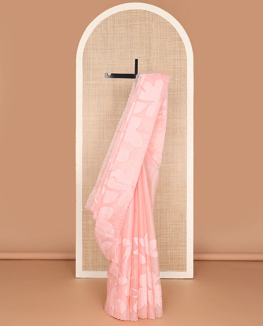 Borderless pink floral embroidey organza saree