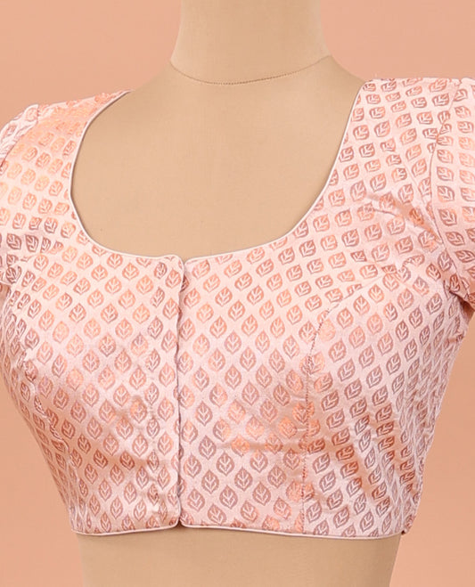 Peach leaf jacquard front-back round neck elbow sleeve readymade blouse