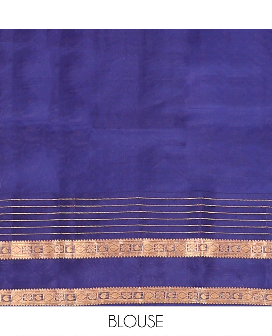Blue Vasundhara Lite Silk Mix Saree Embellished with Zari Buttas, Complemented with a Contrast Border Depicting Rekku, Muthu, Diamond, and Manga Designs, Adorned with a Manga Design Pallu, and a Contrast Blouse