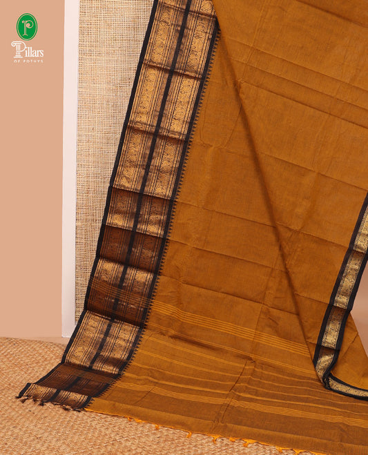 Brown chettinad cotton saree with contrast elephant, annam double pad border