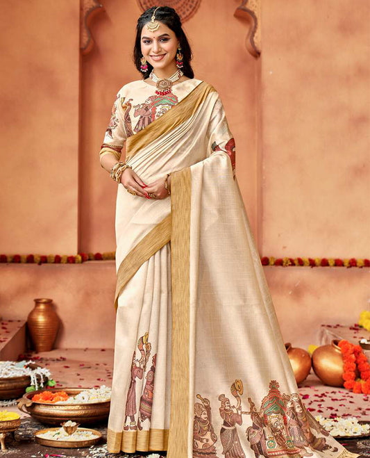 Cream ancient human motifs designer catalog saree, bavanji border, and ancient human motifs pallu