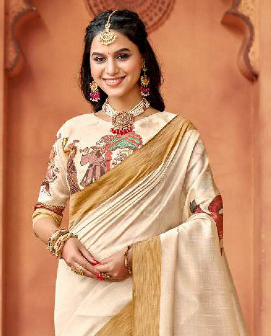 Cream ancient human motifs designer catalog saree, bavanji border, and ancient human motifs pallu