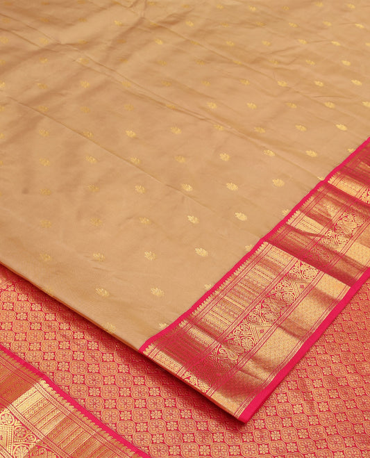 Sandal zari buttas Bangalore silk saree, contrast traditional zari design border, and intricate pallu