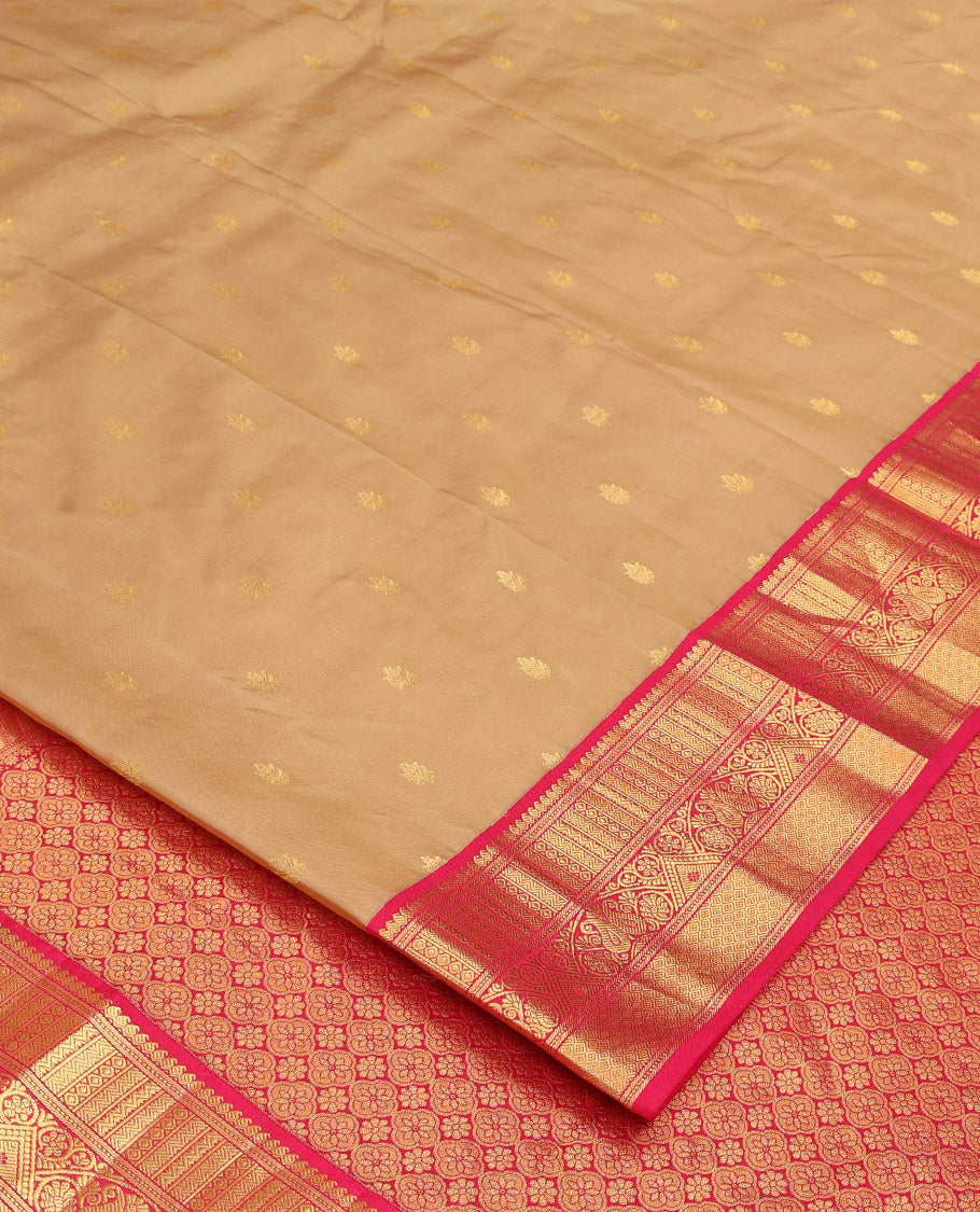 Sandal zari buttas Bangalore silk saree, contrast traditional zari design border, and intricate pallu