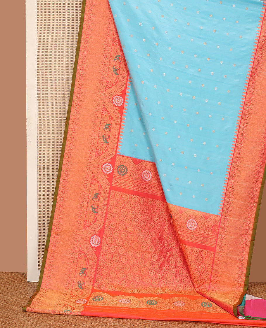 Baby blue mayil chakram buttas gadwal silk saree, contrast border of rekku, mayil, and kodi visiry designs, and intricate pallu