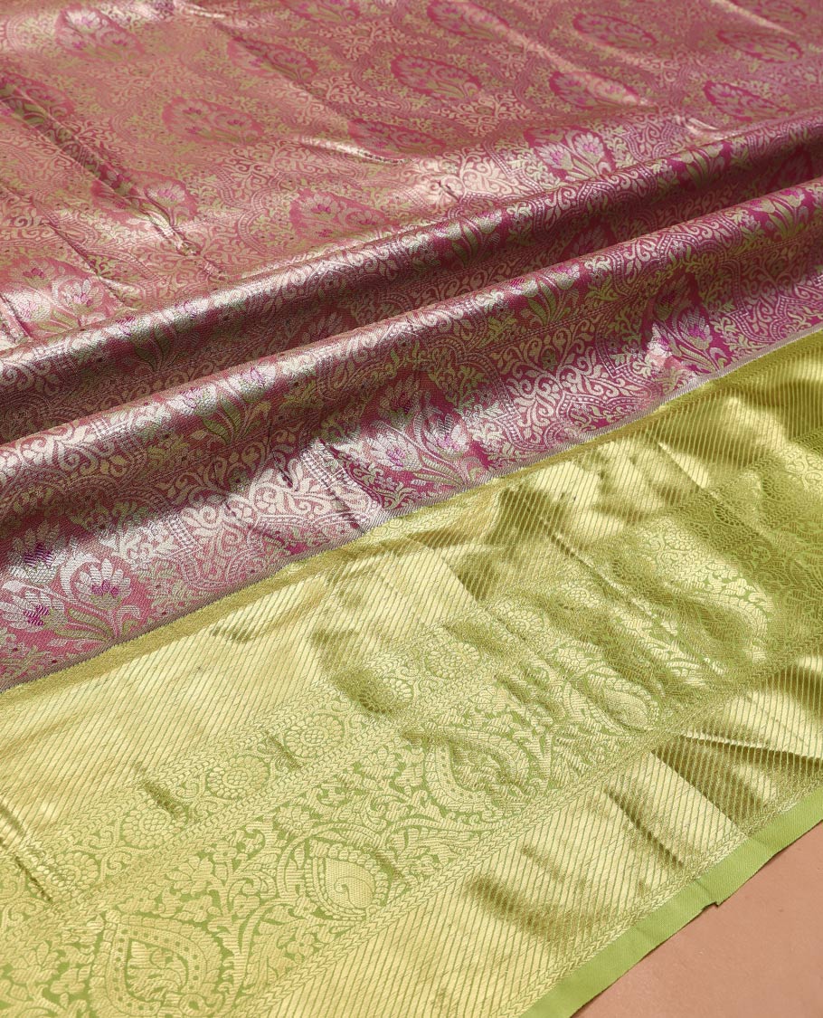 Rosewood Pink Art Silk Material Half Saree Set, Decked Up with Jacquard Design Skirt, a Contrast Traditional Design Border, Contrast Blouse, and an Intricate Dhavani