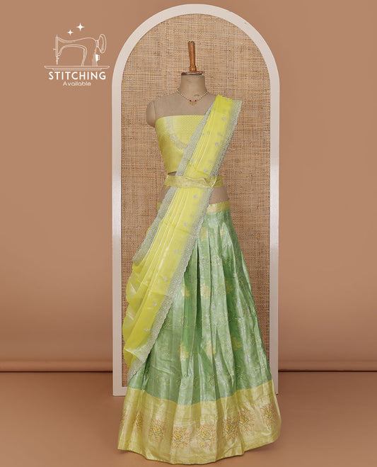 Green lehenga set, floral jacquard with contrast traditional zari border skirt, jacquard stone work blouse and scallop embroidered dhavani