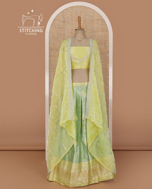 Green lehenga set, floral jacquard with contrast traditional zari border skirt, jacquard stone work blouse and scallop embroidered dhavani