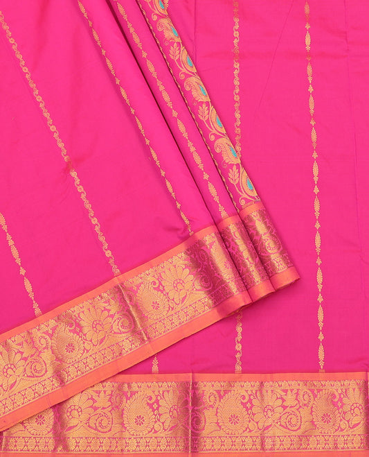 Pink Art Silk Pavadai Material Set, Enriched with Zari Designs on Its Skirt, Complemented by a Contrast Traditional Zari Border, and a Matching Blouse