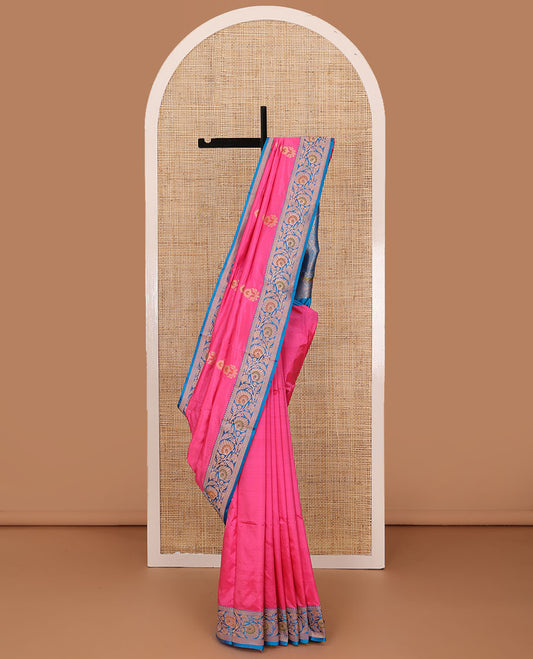 Pink floral motifs woven katan silk saree, contrast floral creeper border, and jaal pallu