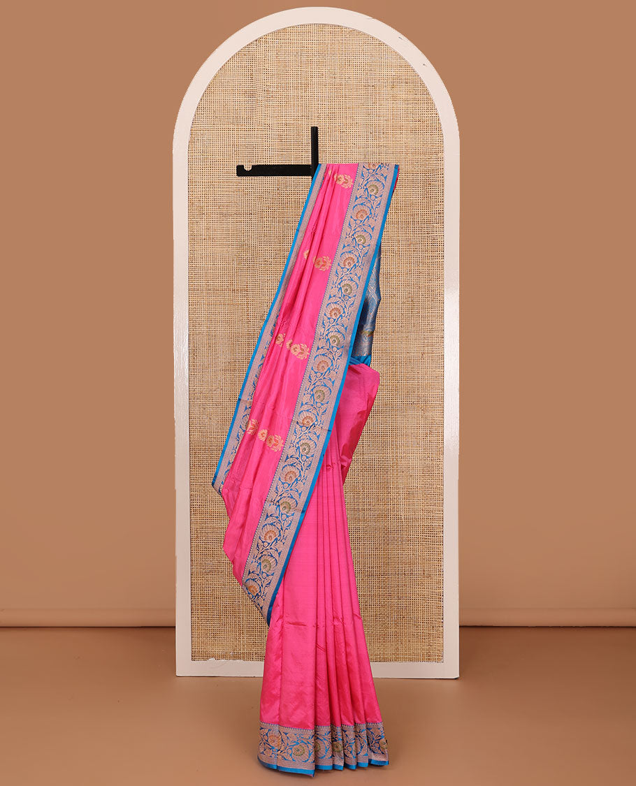 Pink floral motifs woven katan silk saree, contrast floral creeper border, and jaal pallu