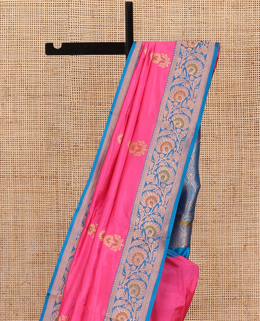 Pink floral motifs woven katan silk saree, contrast floral creeper border, and jaal pallu