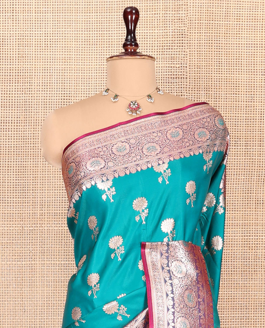 Blue Banarasi Nylon Saree, Detailed with Floral Buttas, Complemented by a Contrast Traditional Zari Border, Intricate Pallu, and a Contrast Blouse