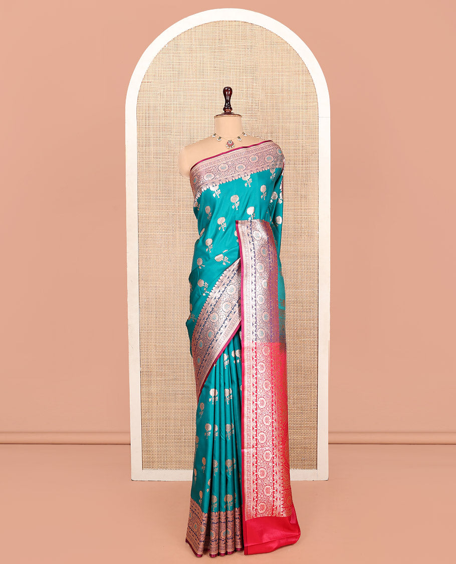 Blue Banarasi Nylon Saree, Detailed with Floral Buttas, Complemented by a Contrast Traditional Zari Border, Intricate Pallu, and a Contrast Blouse