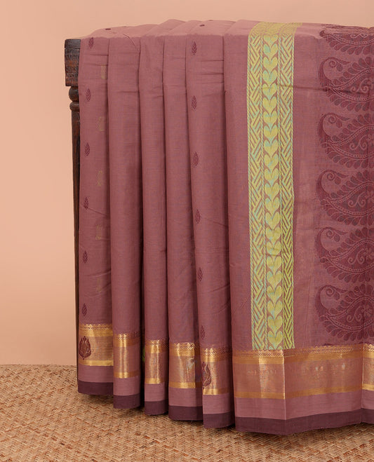 Brown thread buttas Kanchi cotton saree, contrast zari border, and pallu of geometric, and paisley designs
