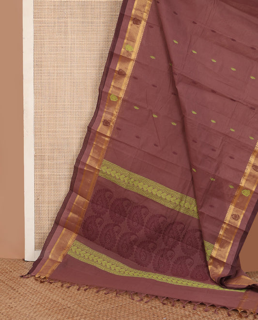 Brown thread buttas Kanchi cotton saree, contrast zari border, and pallu of geometric, and paisley designs