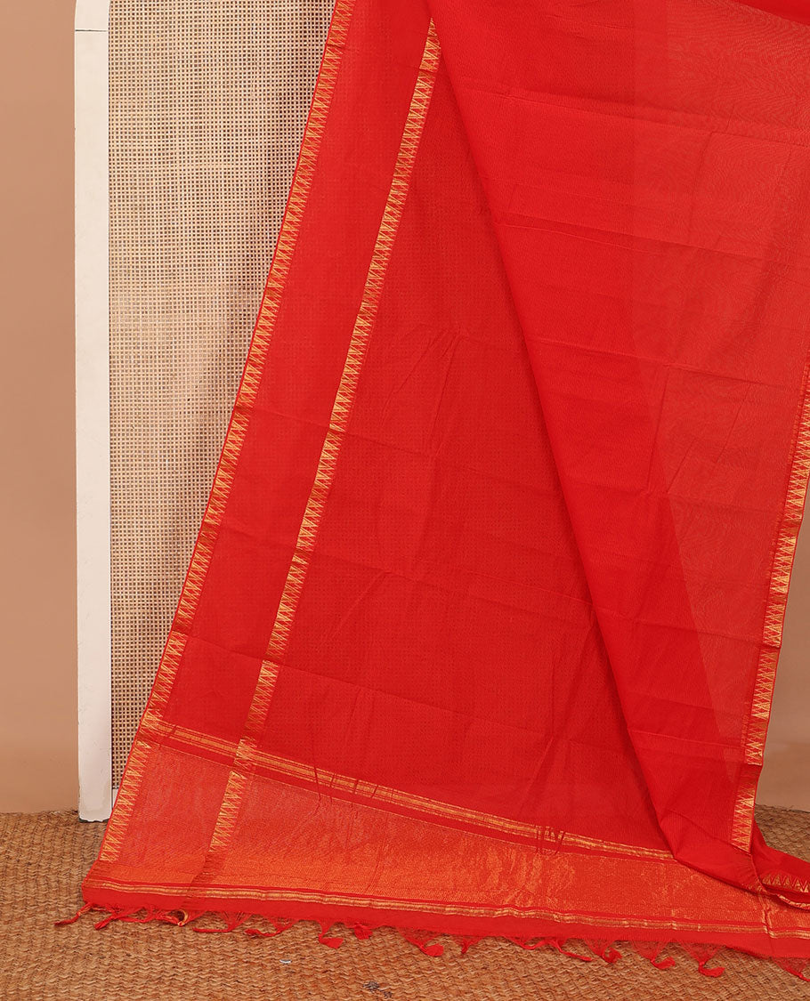 Red sparesly striped Mangalagiri Cotton saree, rettai pettu temple border, gleaming zari pallu, and contrast kalamkari floral printed blouse