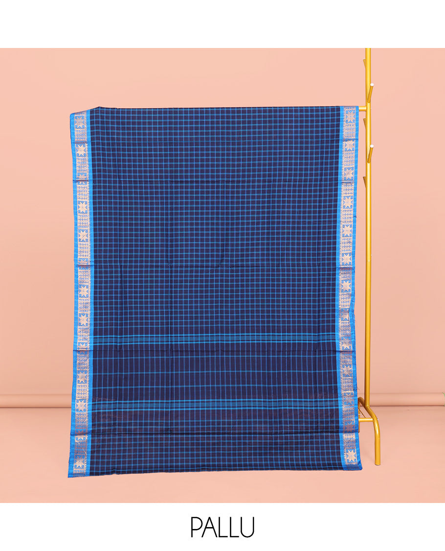 Blue Chettinad Cotton Saree, Finely Crafted with Checks, Contrast Traditional Design Border, Striped Pallu, and No Blouse