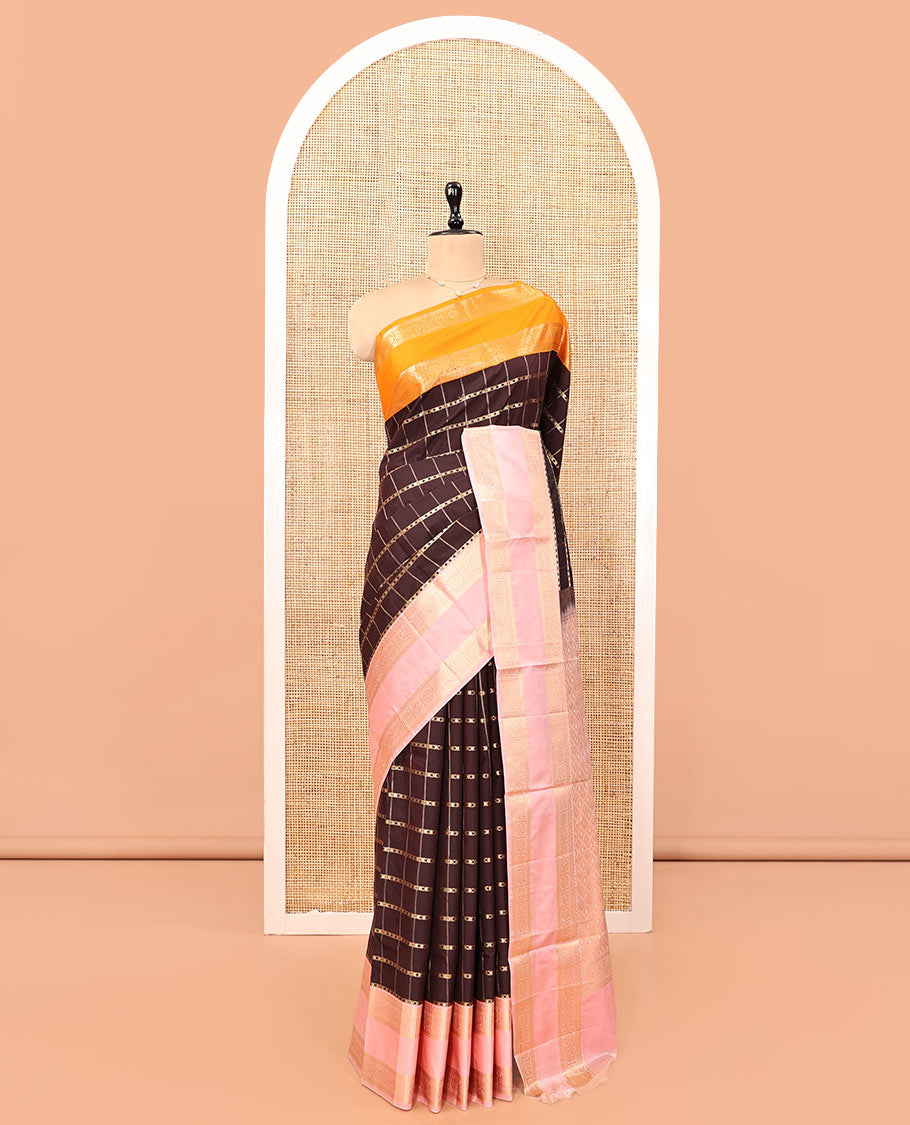 Brown Checked Budget Silk Saree, Contras Border, Contrast Blouse