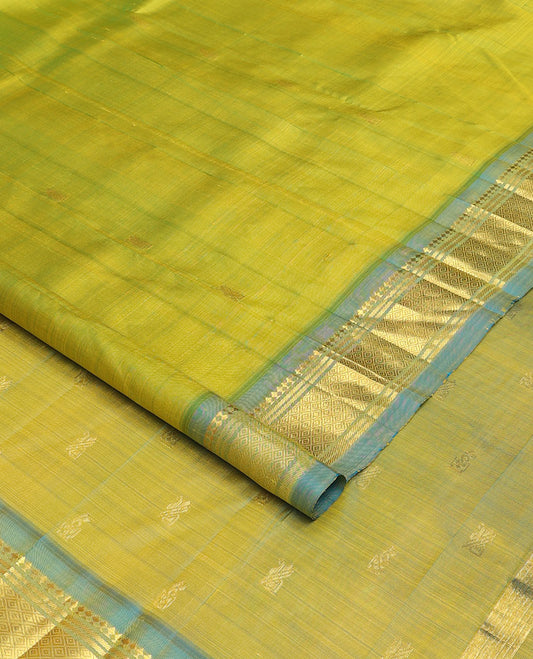 Green zari buttas Kanchipuram silk saree, contrast one-sided border of panner sombu,banaras & mayil kann & zari design pallu