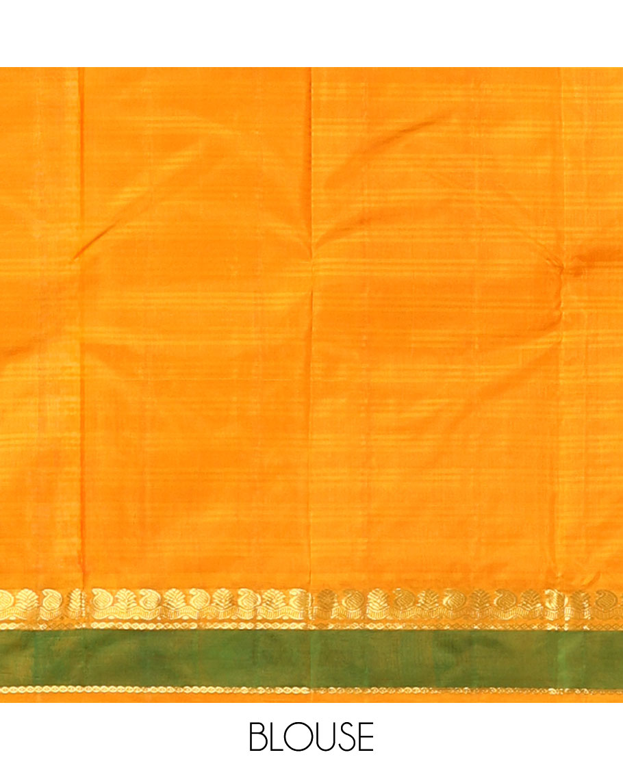 Pink Kanchipuram silk saree, contrast rettai pettu border of manga, neli, and diamond designs, and zari striped pallu