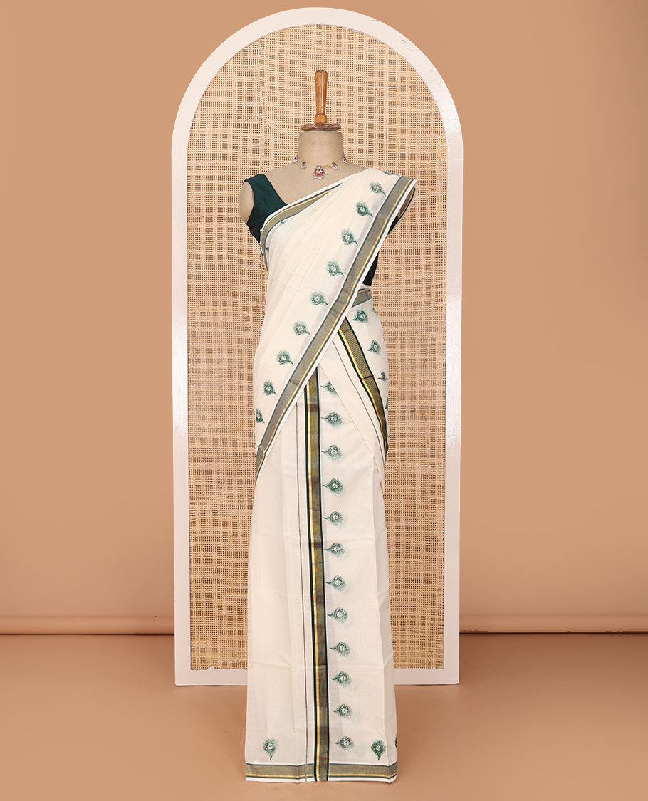 Cream peacock feather motifs printed Kerala mundu set with contrast striped border