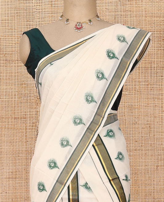Cream peacock feather motifs printed Kerala mundu set with contrast striped border