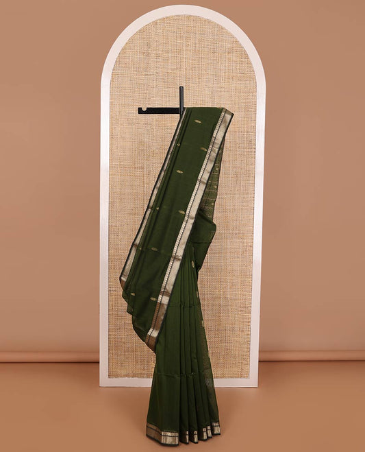 Dark green leaf motifs maheshwari cotton saree with contrast temple, striped border & striped, leaf motifs pallu