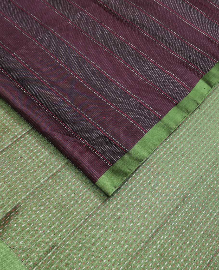Purple muthu striped soft silk saree, contrast plain border, and pallu of dotted stripes