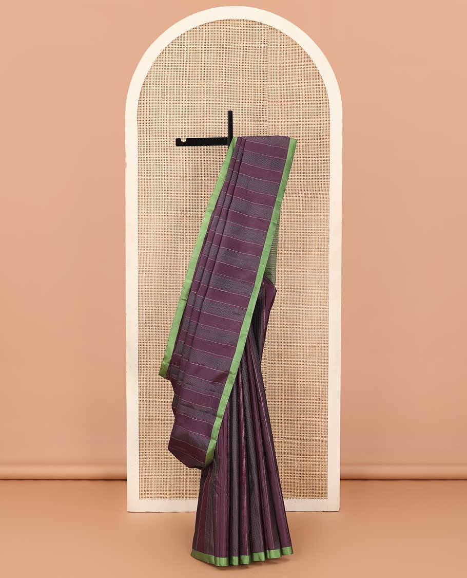 Purple muthu striped soft silk saree, contrast plain border, and pallu of dotted stripes