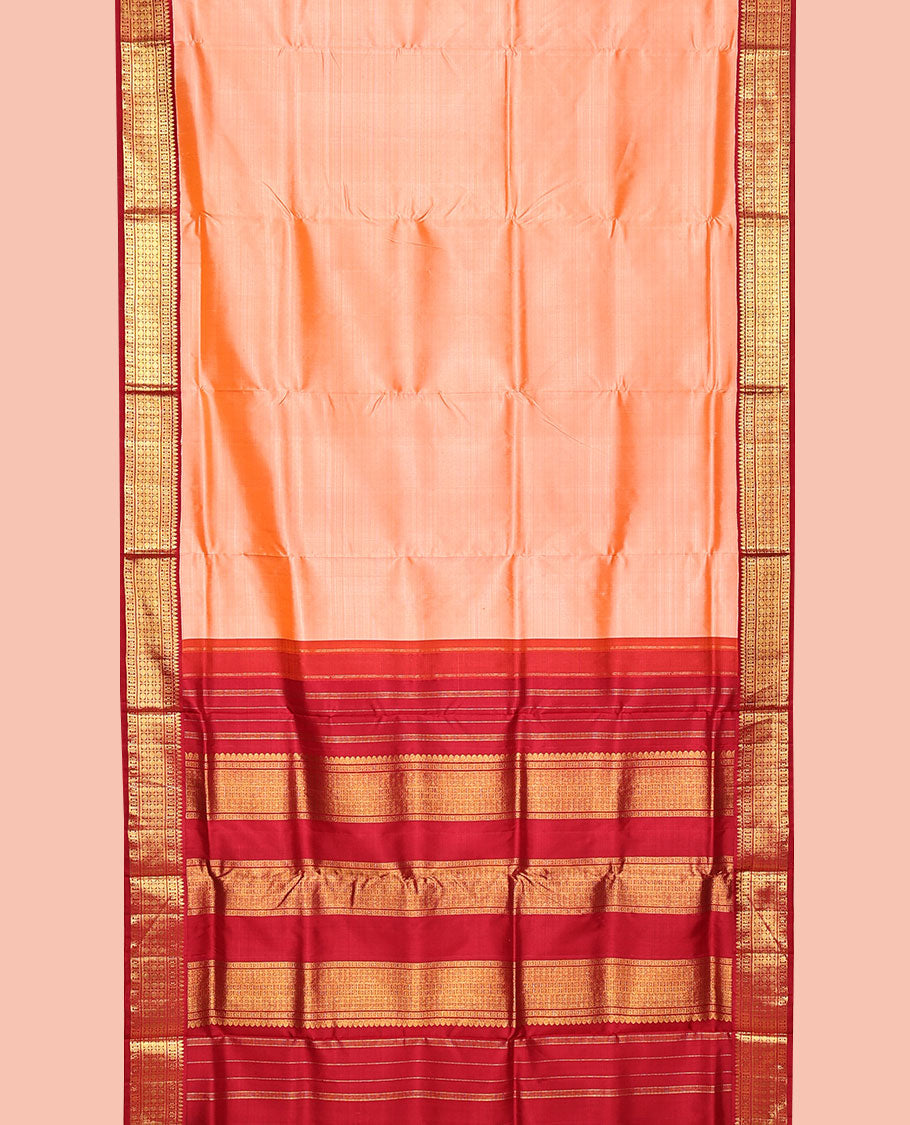 Peach Plain Nine-Yard Silk Saree, Complemented by a Contrast Korvai Border of Thilakam Mokku, Star Vanki, and Rudraksham, Pallu of Traditional Designs, and No Blouse