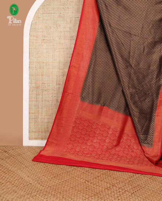 Black with red antique zari weaving banaras softy silk saree with contrast jacquard border & rich pallu along with brocade blouse