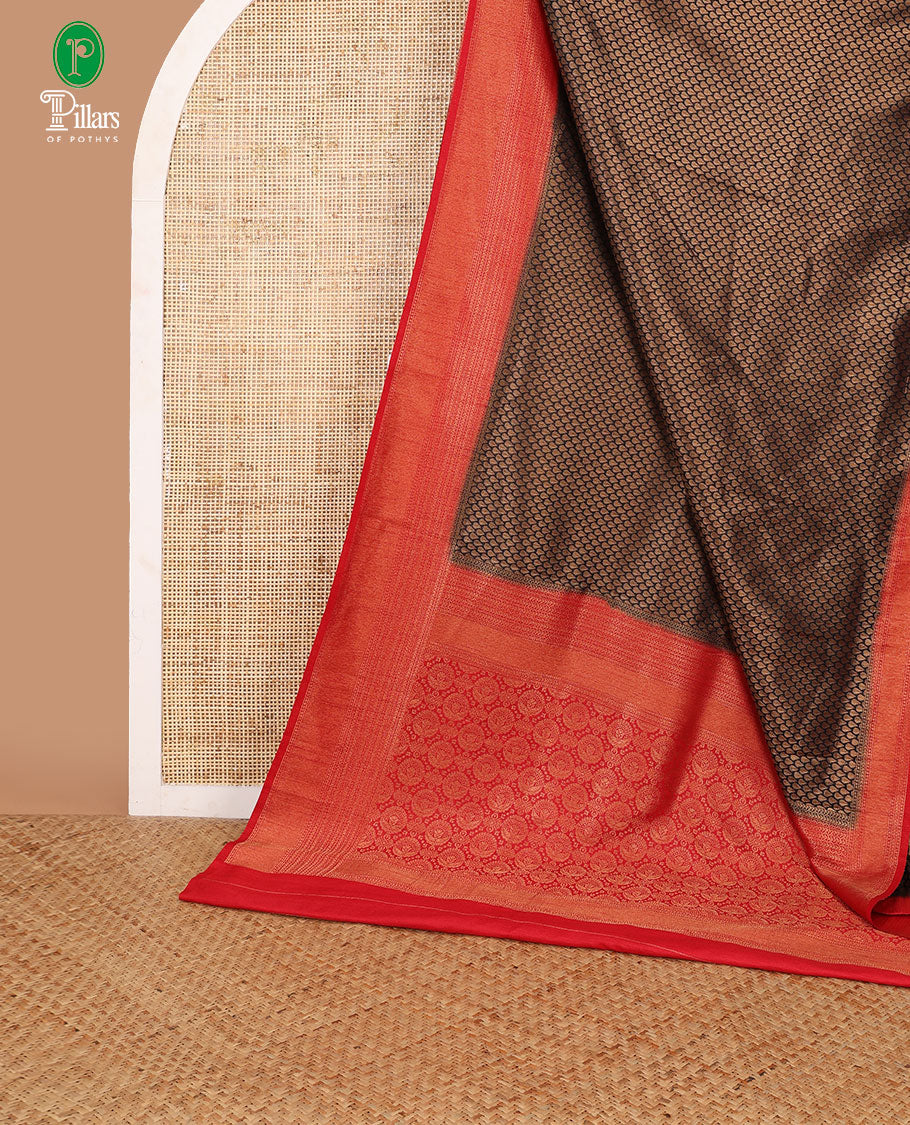 Black with red antique zari weaving banaras softy silk saree with contrast jacquard border & rich pallu along with brocade blouse