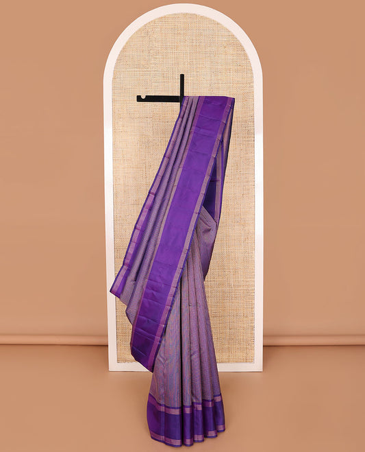 Violet striped silk saree with self rettai pettu zari border & checked design pallu