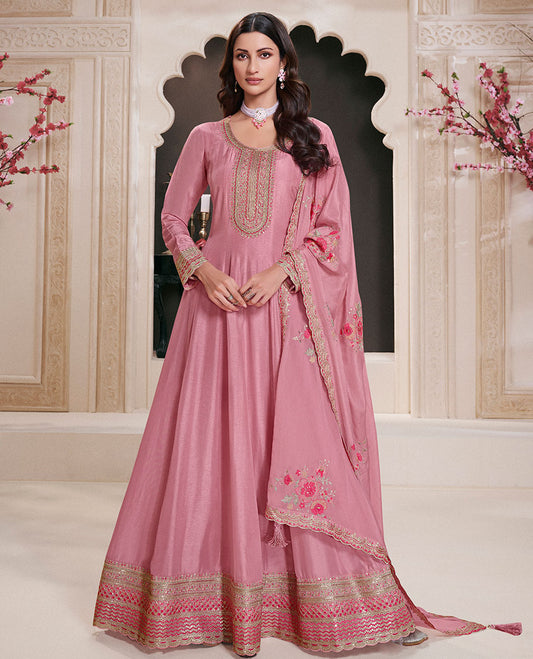 Red dress material catalouge floral embroidery anarkali with floral embroidery scallop border dupatta