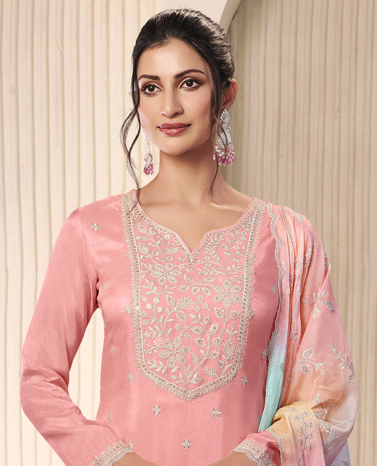 Peach dress material catalouge floral thread embroidery top with plain pants & floral embroidery scallop border dupatta