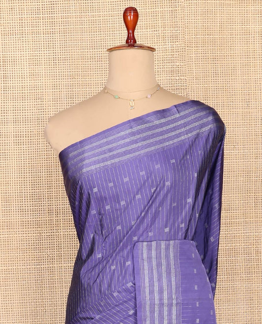 Violet Aarani Silk Saree, Uniquely Detailed with Zari Buttas and Stripes on Its Body, Highlighted by a Zari Striped Border, Pallu of Stripes and Buttas, and Paired with a Matching Blouse