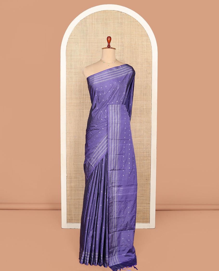 Violet Aarani Silk Saree, Uniquely Detailed with Zari Buttas and Stripes on Its Body, Highlighted by a Zari Striped Border, Pallu of Stripes and Buttas, and Paired with a Matching Blouse