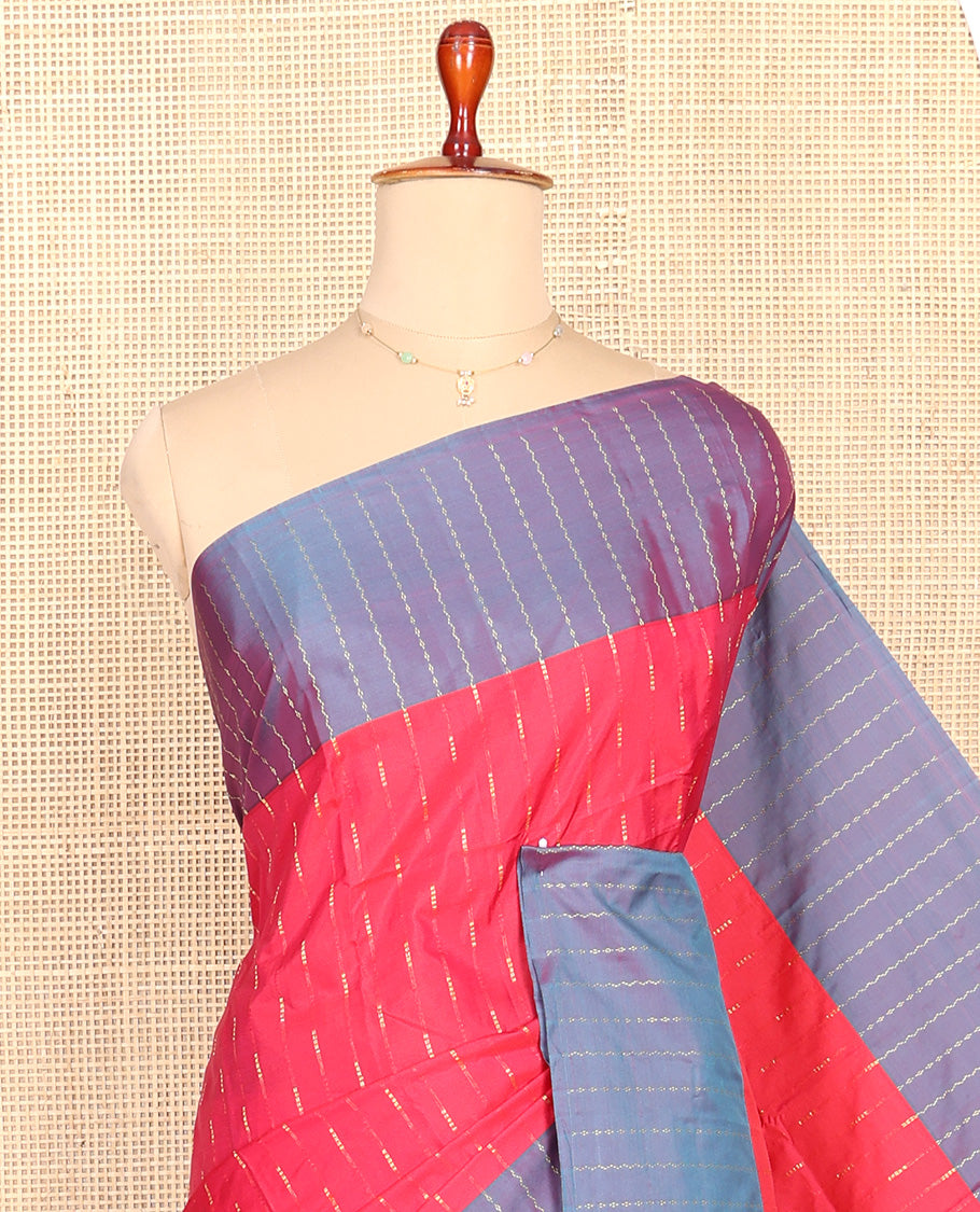 Pink Aarani Silk Saree, Decorated with Zari Buttas All Over Its Body, Complemented by a Contrast Zari Striped Border, Striped Pallu, and Paired with a Matching Blouse