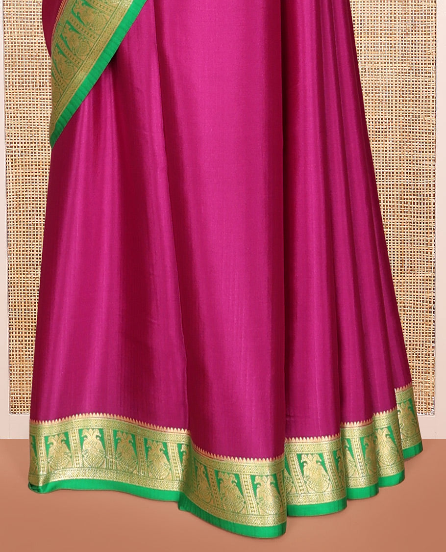 Pink Plain Mysore Silk Saree, Complemented by a Contrast Two-Headed Eagle Zari Border, Zari Design Pallu, and a Contrast Blouse