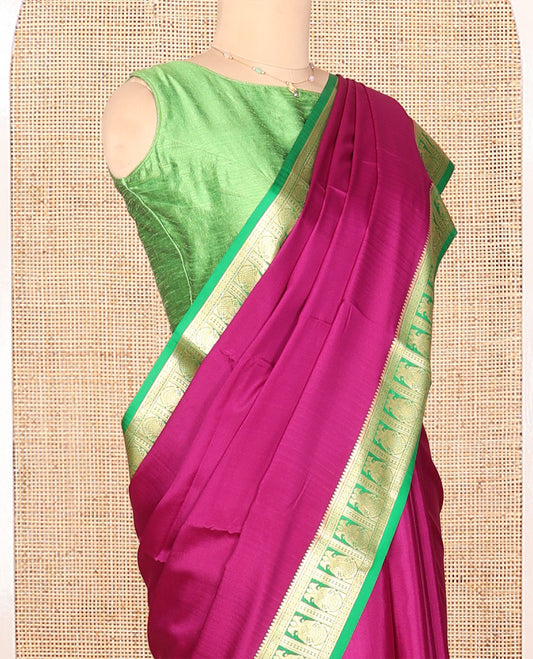 Pink Plain Mysore Silk Saree, Complemented by a Contrast Two-Headed Eagle Zari Border, Zari Design Pallu, and a Contrast Blouse