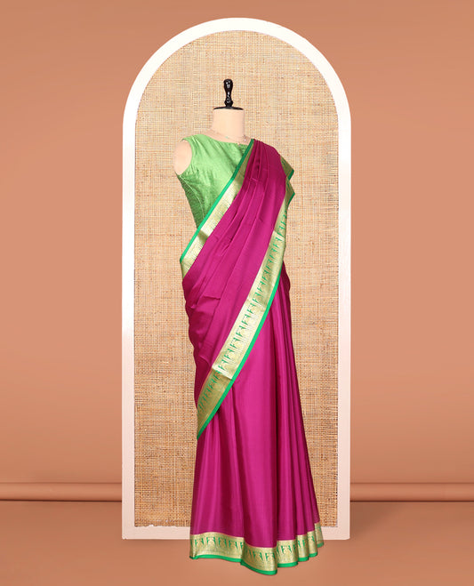 Pink Plain Mysore Silk Saree, Complemented by a Contrast Two-Headed Eagle Zari Border, Zari Design Pallu, and a Contrast Blouse
